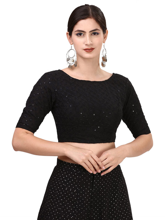 OOMPH! Cotton Readymade Blouse for Women, Hakoba, Black, Boat Neck