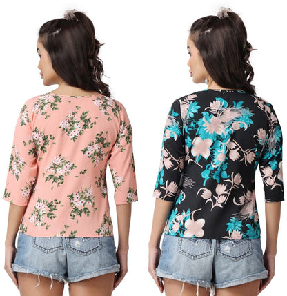 POPWINGS Casual Floral Printed Round-Neck Puff-Sleeves Tops Combo for Women
