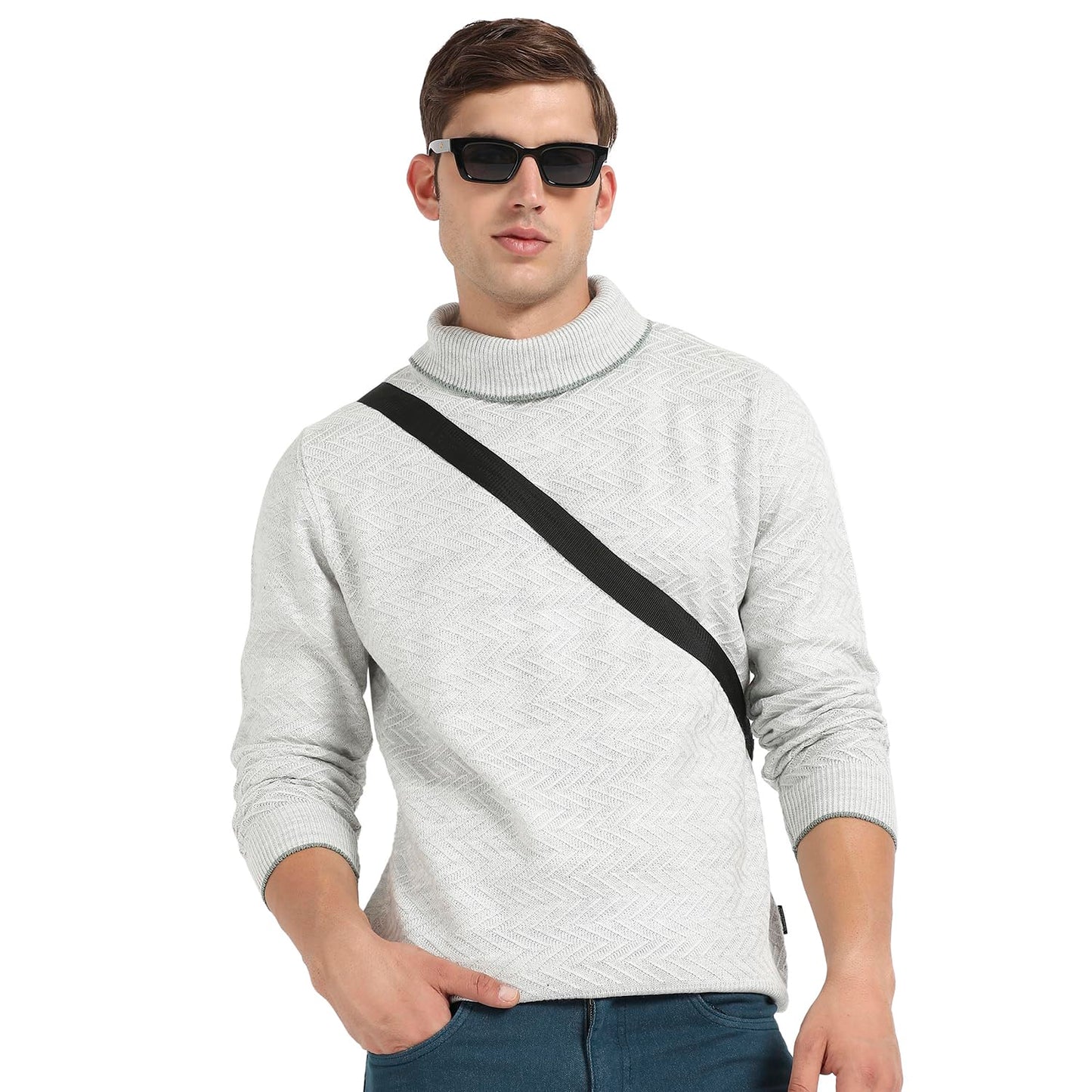 Campus Sutra Mens Light Grey Herringbone Textured Pullover Sweater for Casual Wear | Turtle Neck | Long Sleeve | Pull On Closur