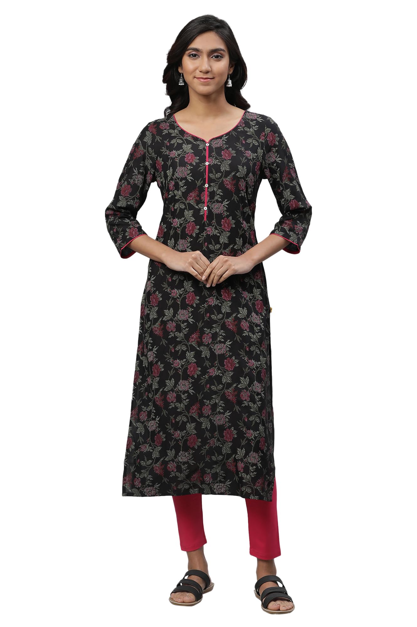 Aurelia Women's Black Floral Printed Viscose Straight Kurta_23AUA14625-507413_XS