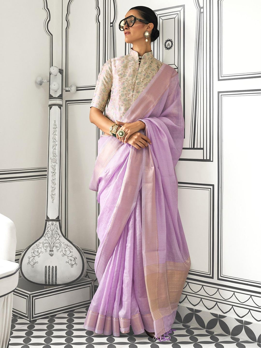 Madhuhansh Womens Soft Linen Saree With Unstitched Multicolor Paisley Blouse Piece Saree With Satin Border Comfortable Skin Frie