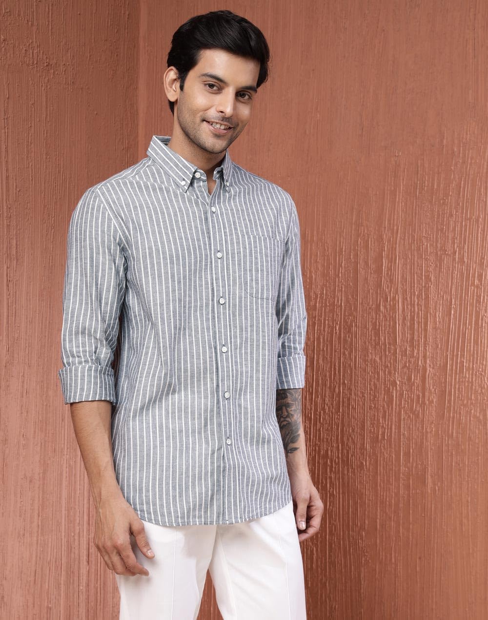 Fabindia Navy Cotton Blend Striped Regular Shirt