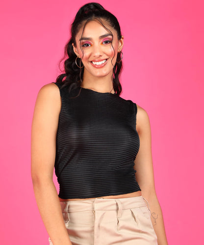 POPWINGS Casual Self-Design Wrinkle Round-Neck Sleeveless Crop Top for Women || Summer Wear Crop Tops for Women || Latest Stylis