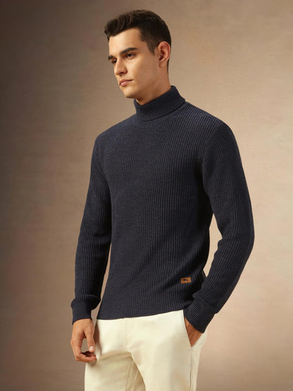 Dennis Lingo Men Regular Fit Acrylic Solid Full Sleeves Turtle Neck Pullover Sweater Navy Blue