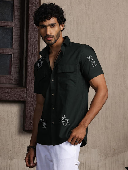 Thomas Scott Short Sleeve Double Pockets Self Printed Casual Shirts for Mens Green
