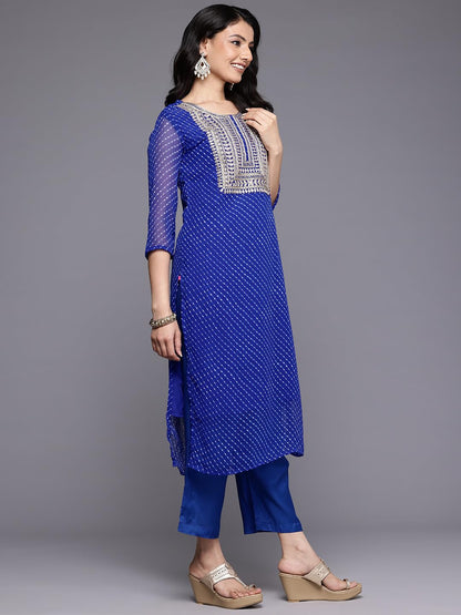 Varanga Women Navy Blue Bandhani Zari Emboridered Kurta Set With Dupatta