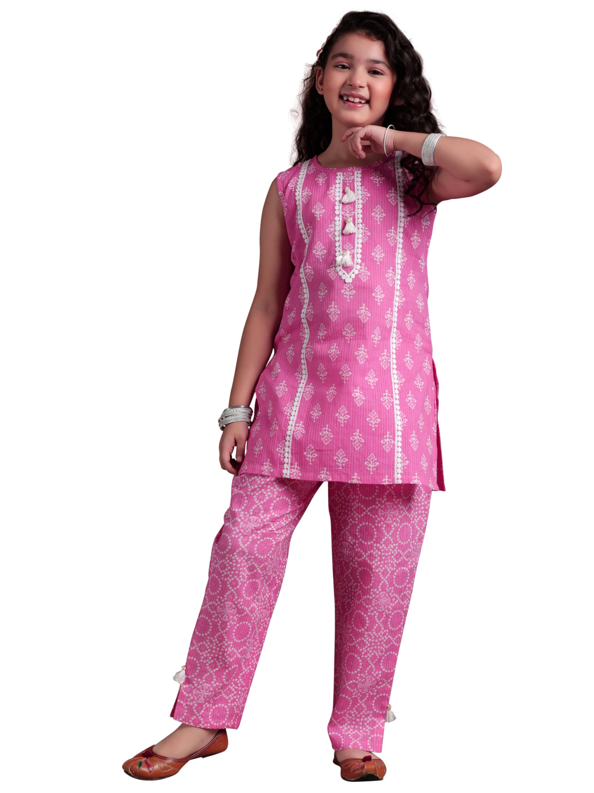 Libas Kids Womens Printed Cotton Straight Kurta With Trousers