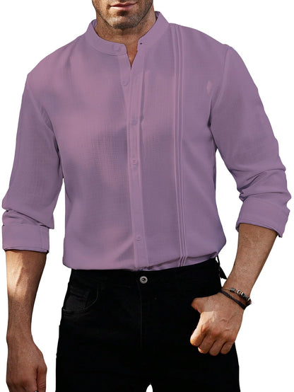 AVANOVA Mens Solid Urban Plain Peach Color Button-Down Long Sleeve Single-Breasted Stand Collar Slim Fit Business Casual Shirt,
