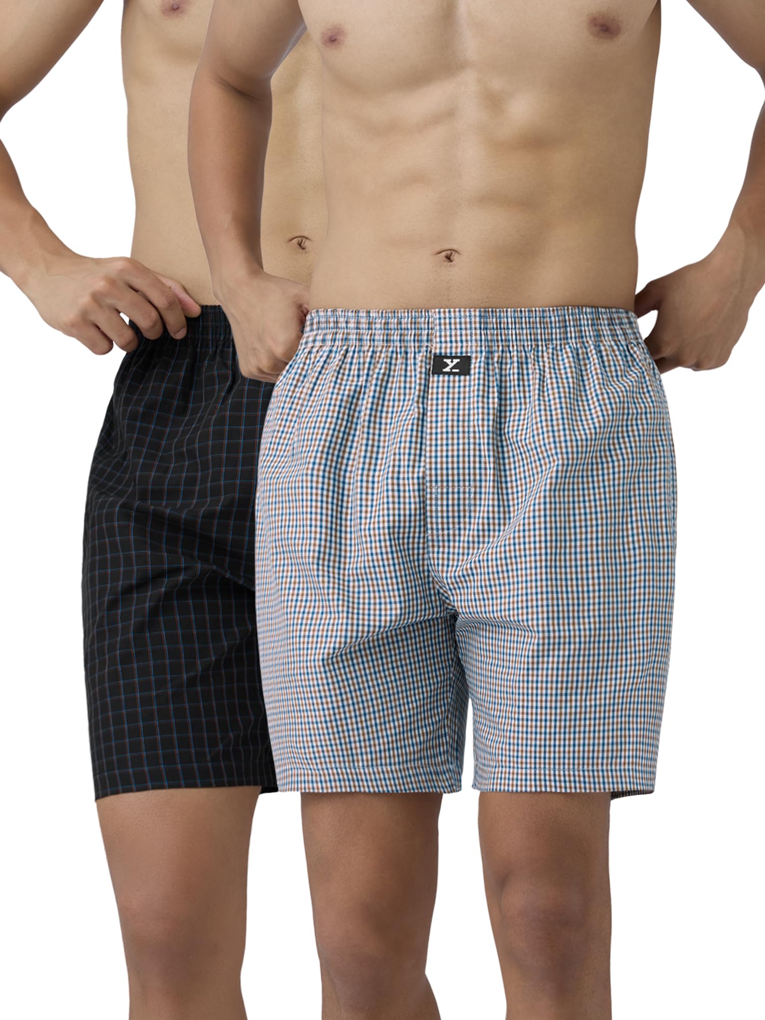 XYXX Mens Super Combed Cotton Checkmate Boxer Shorts Elasticated Waist, Drawstring | Loungewear for Men Pack of 2 (XXL; Jet Bla