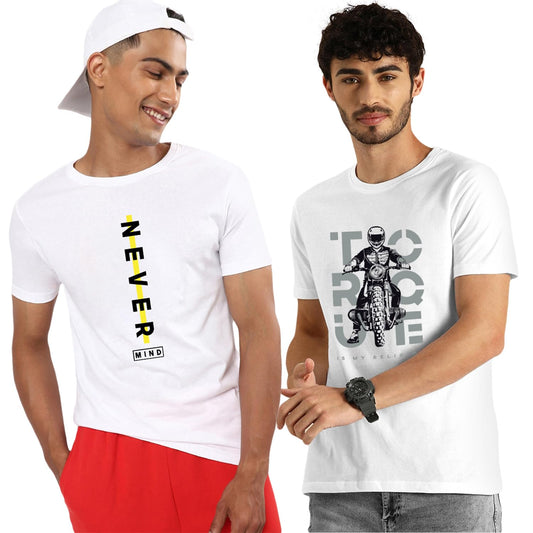 Bewakoof MenS Motor Bike & Never Mind Printed 100% Cotton T-Shirts (Pack Of 2) - Regular Fit, Round Neck, Half Sleeves_601752_Wh