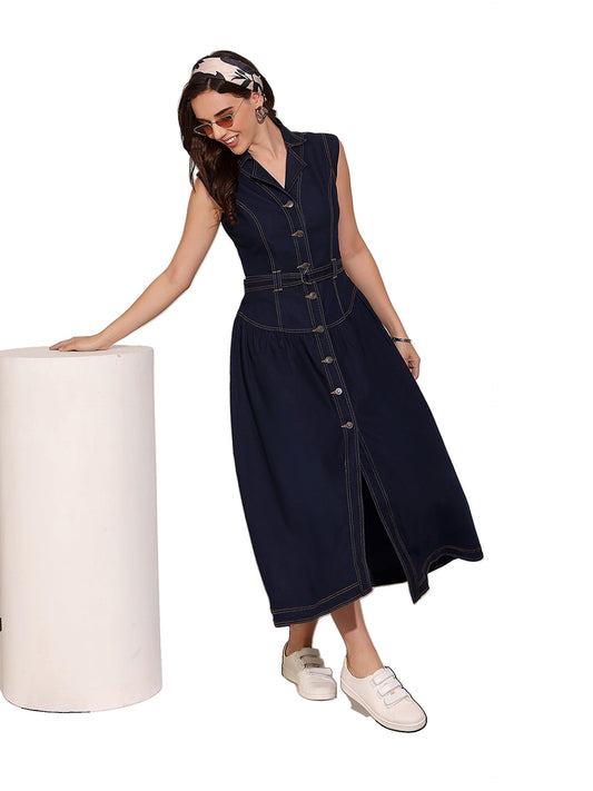 Dolce Crudo Womens Notched-Collar Sleeveless Drop Waist Maxi-Length Light Weight Denim Shirt Dress (DOSS25DEN71-78-57-06, Dark 