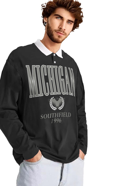 Noble Monk Mens Polo Neck Oversized Full Sleeve T-Shirt Black White