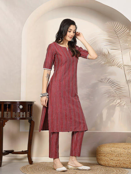 Stylum Womens Self Woven Striped Cotton Blend Straight Kurta Pant Set