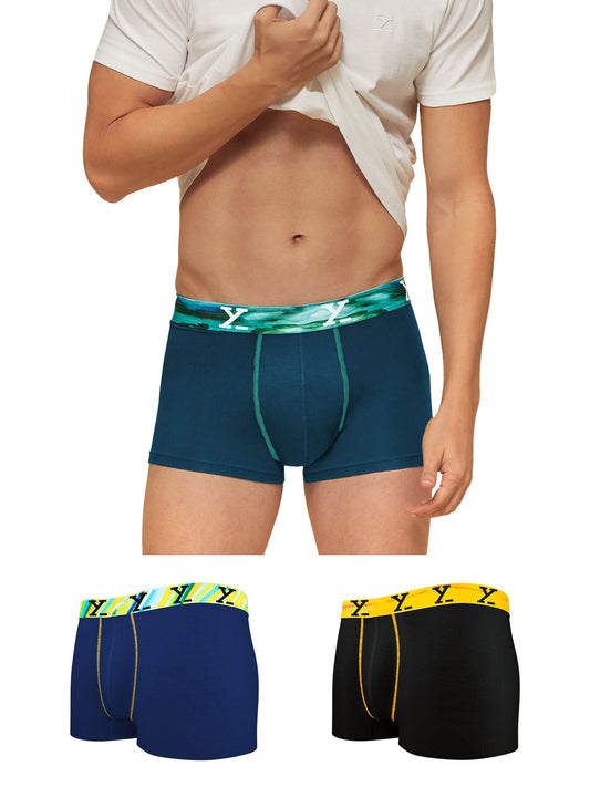 XYXX Mens Underwear Dynamo IntelliSoft Antimicrobial Micro Modal Trunk Pack of 3 (Coral DEEP SEA Blue;Splash Blue;Helios Black;