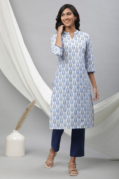 Aurelia White Leaf Print Cotton Long Kurta With Lace