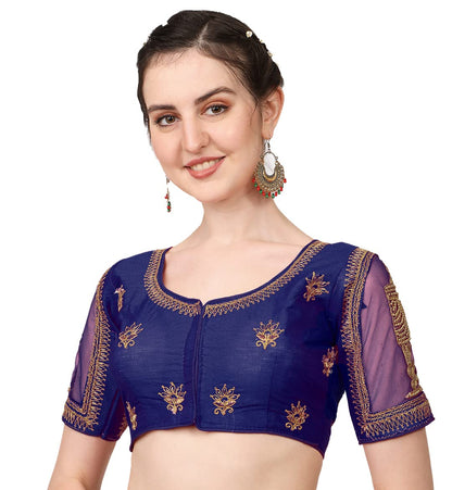 Pujia Mills WomenS Multicolor Temple Embroidery Net Back Sequence Khatli Work Sleeves Design Phantom Silk Readymade Saree Blous