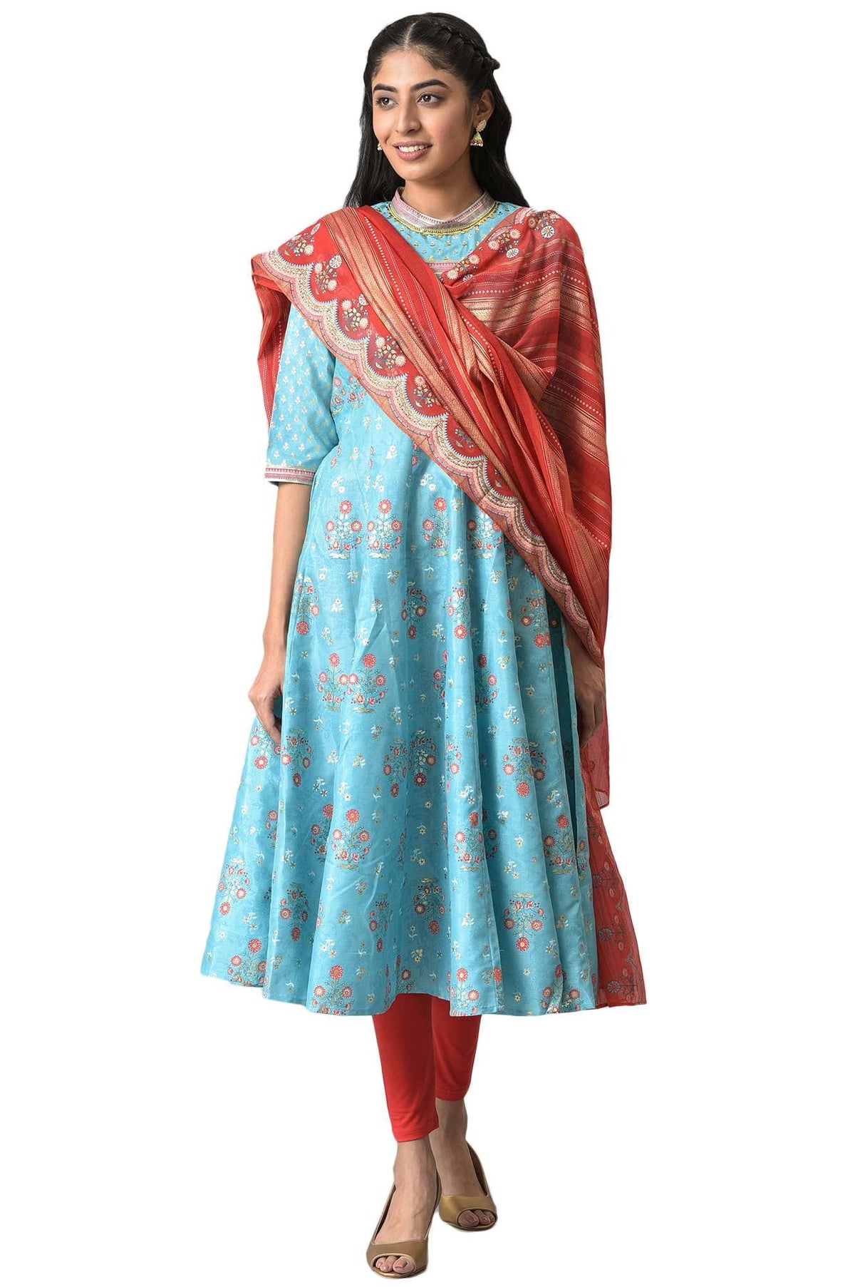 Aurelia Women Blue Foil Printed Kurta With Red Tights And Printed Dupatta_22Aud10474-504008_M