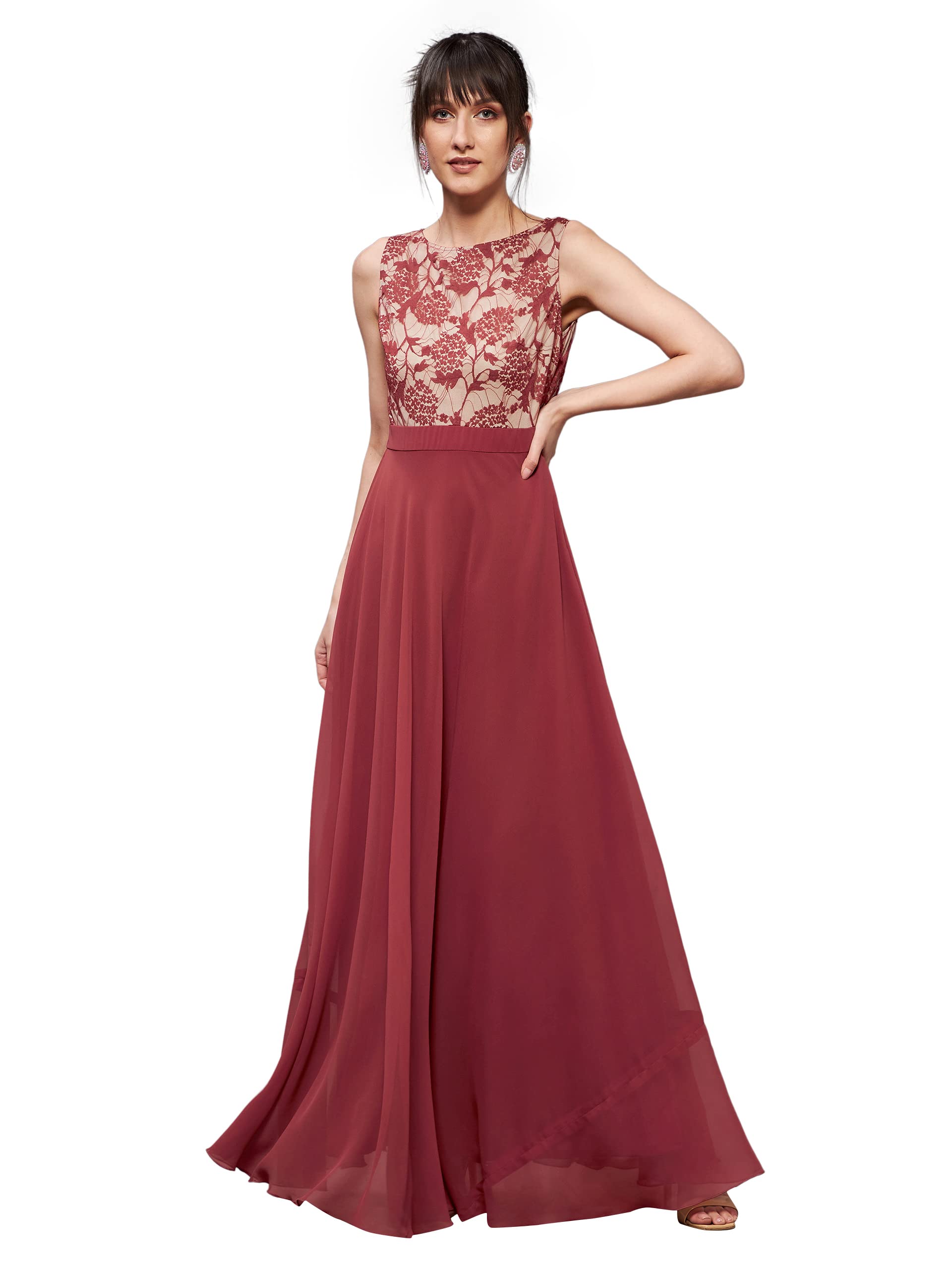 Miss Chase WomenS Round Neck Sleeveless Georgette Floral Lace Fit & Flare Maxi Dress Brick Red