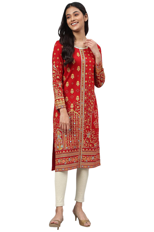 Aurelia Women's Acrylic Straight Fit Straight Haute Red Floral Printed Kurta
