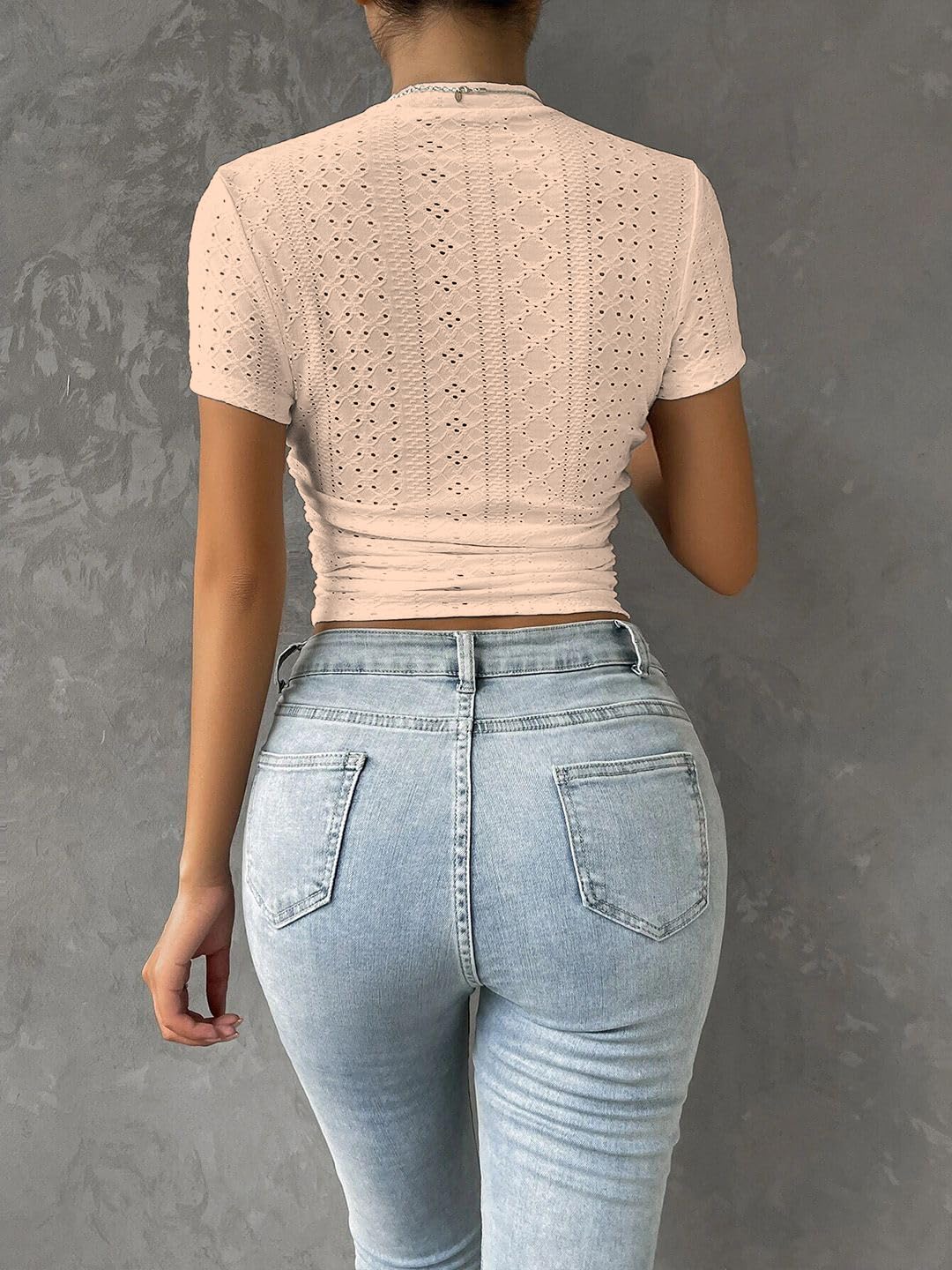 Sugathari Girls & Womens Beige Casual Semitransparent Cropped High-Neck Lace Trim Ladies T-Shirt, Short Sleeve Schiffli Crop T
