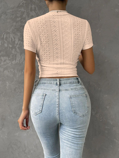 Sugathari Girls & Womens Beige Casual Semitransparent Cropped High-Neck Lace Trim Ladies T-Shirt, Short Sleeve Schiffli Crop T