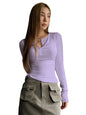 Shasmi Womens & Girls Light Purple Long Sleeve Round Neck Solid Color Ruched Workwear Casual Top Half Button Down Henley T-Shi