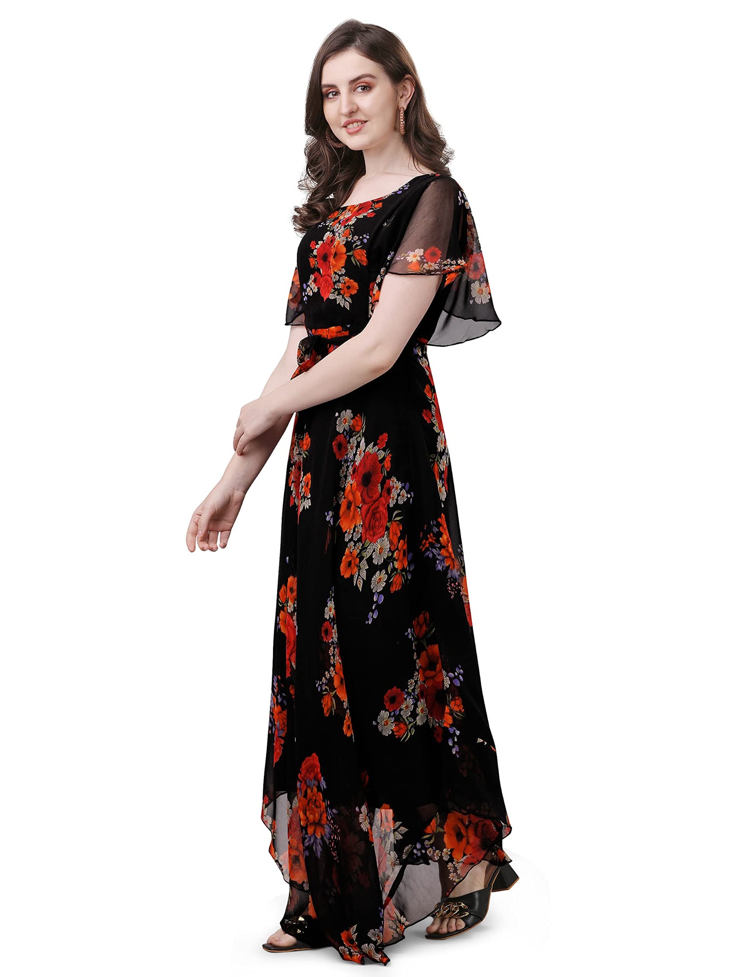 Trillmixa WomenS Georgette Floral Maxi-Length Dress(T_Flower) Black