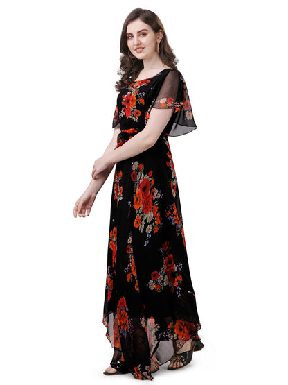 Trillmixa WomenS Georgette Floral Maxi-Length Dress(T_Flower) Black