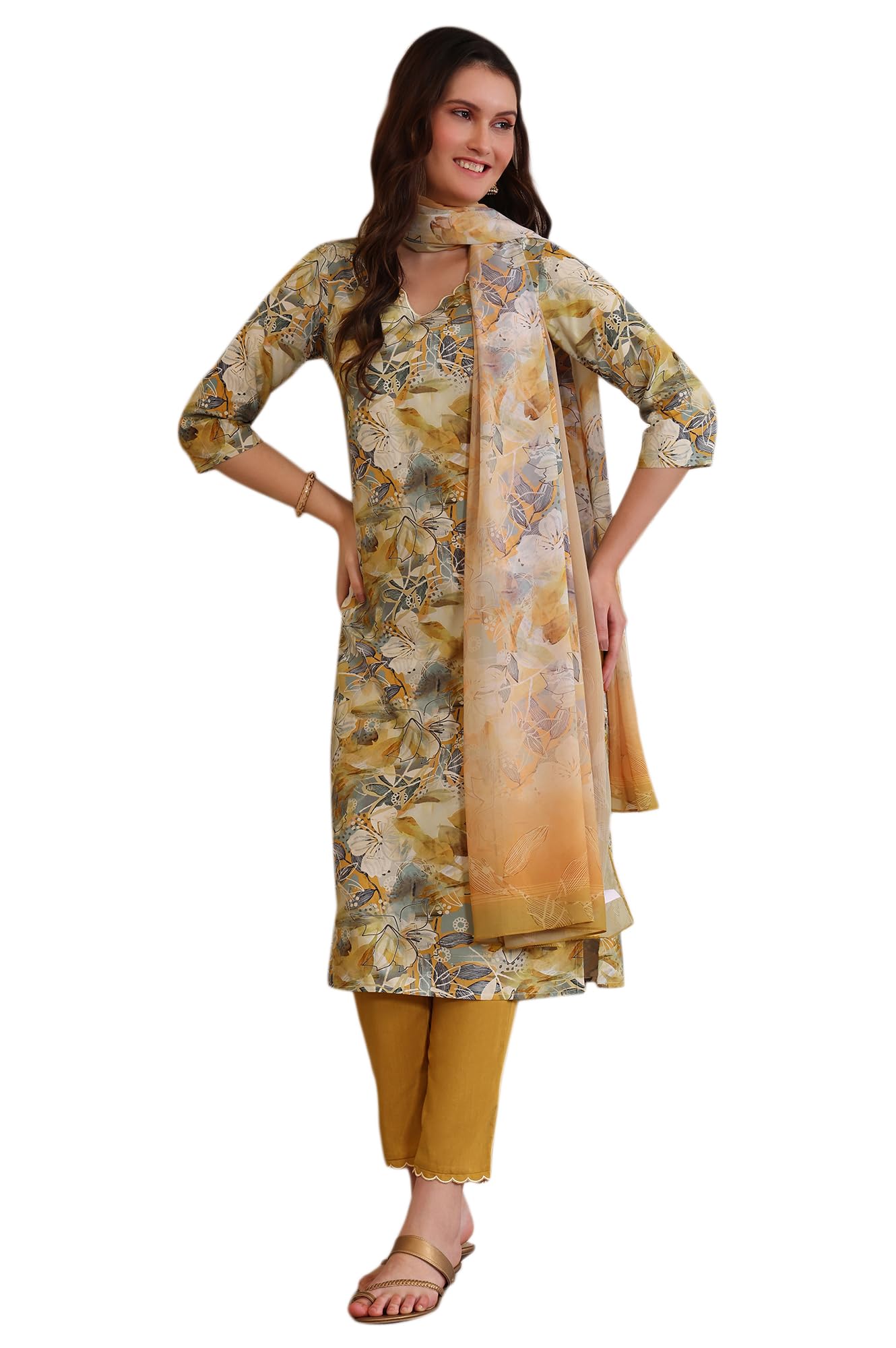 Aurelia WomenS Floral Printed Thread Embroidered Straight Modal Yellow Kurta, Palazzo And Georgette Dupatta Set (Size-L)-As15923