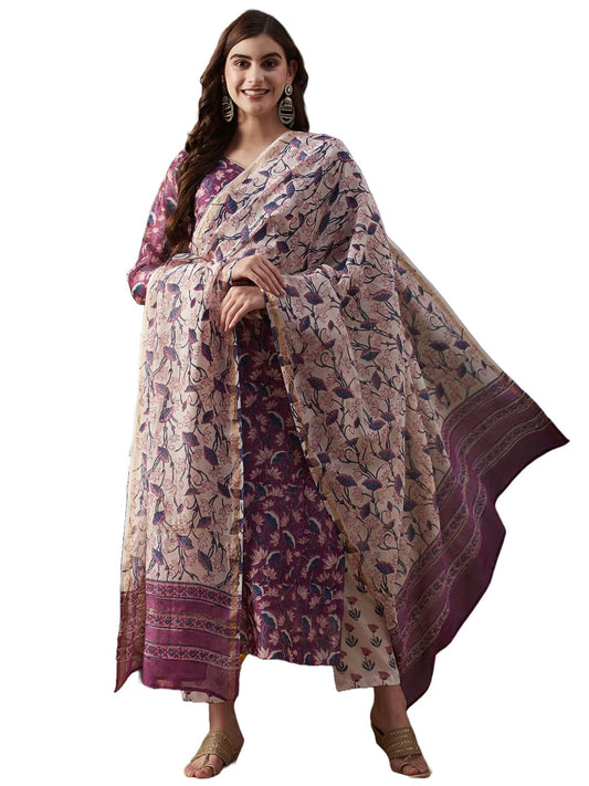 ANNI DESIGNER Womens Cotton Blend Straight Printed Kurta Set With Pant & Dupatta (Gopmata Pink_L_Pink_Large)