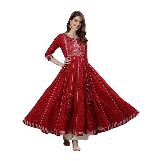 ishin Women's Cotton Anarkali Embellished Mirror Work Bandhani Print Maroon Kurti
