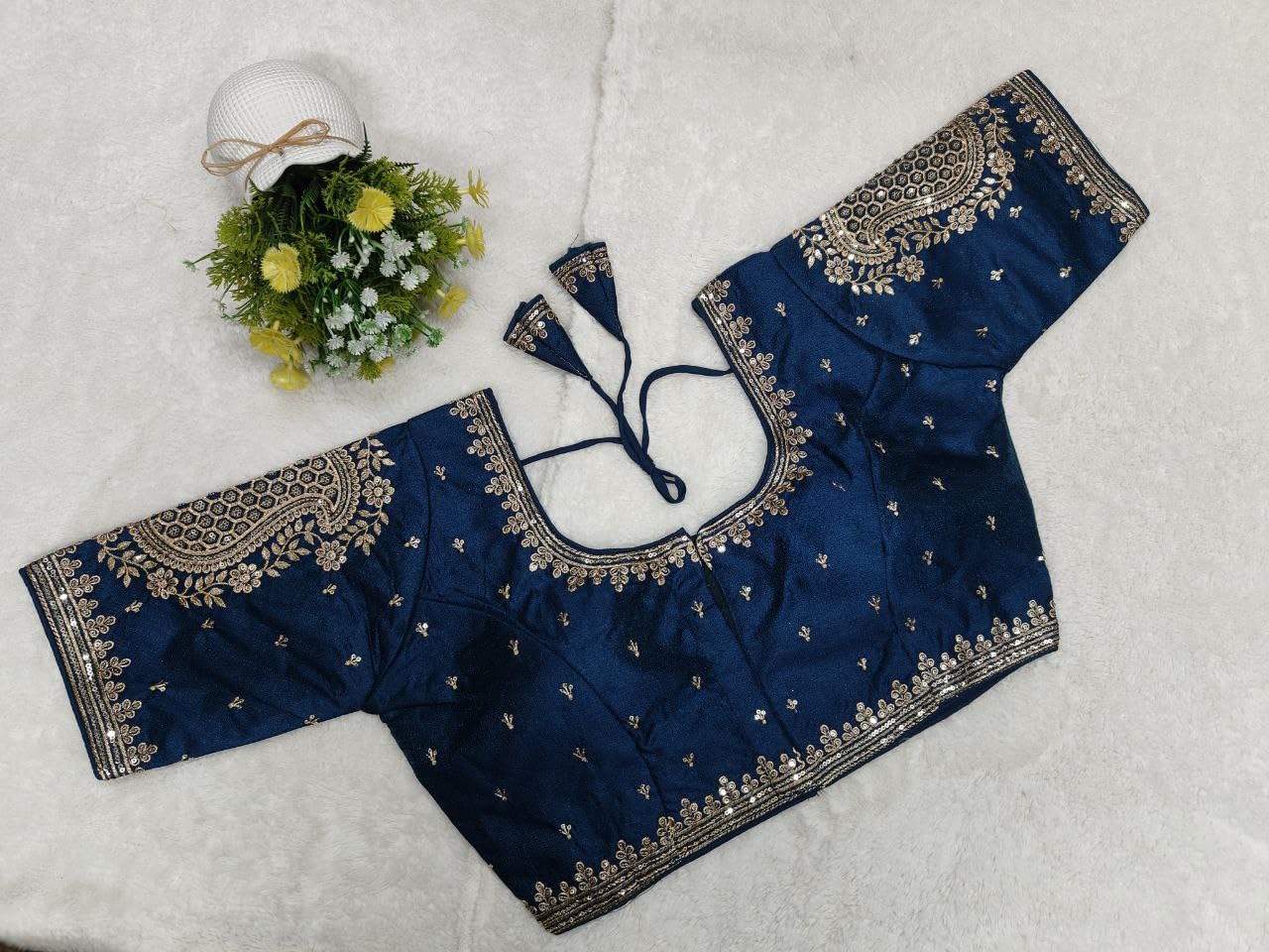 Pujia Mills Womens Readymade Blouse Embroidery Golden Zari Coding Sequence Thread Work Indian Ethnic Designer Stitched Half Slee