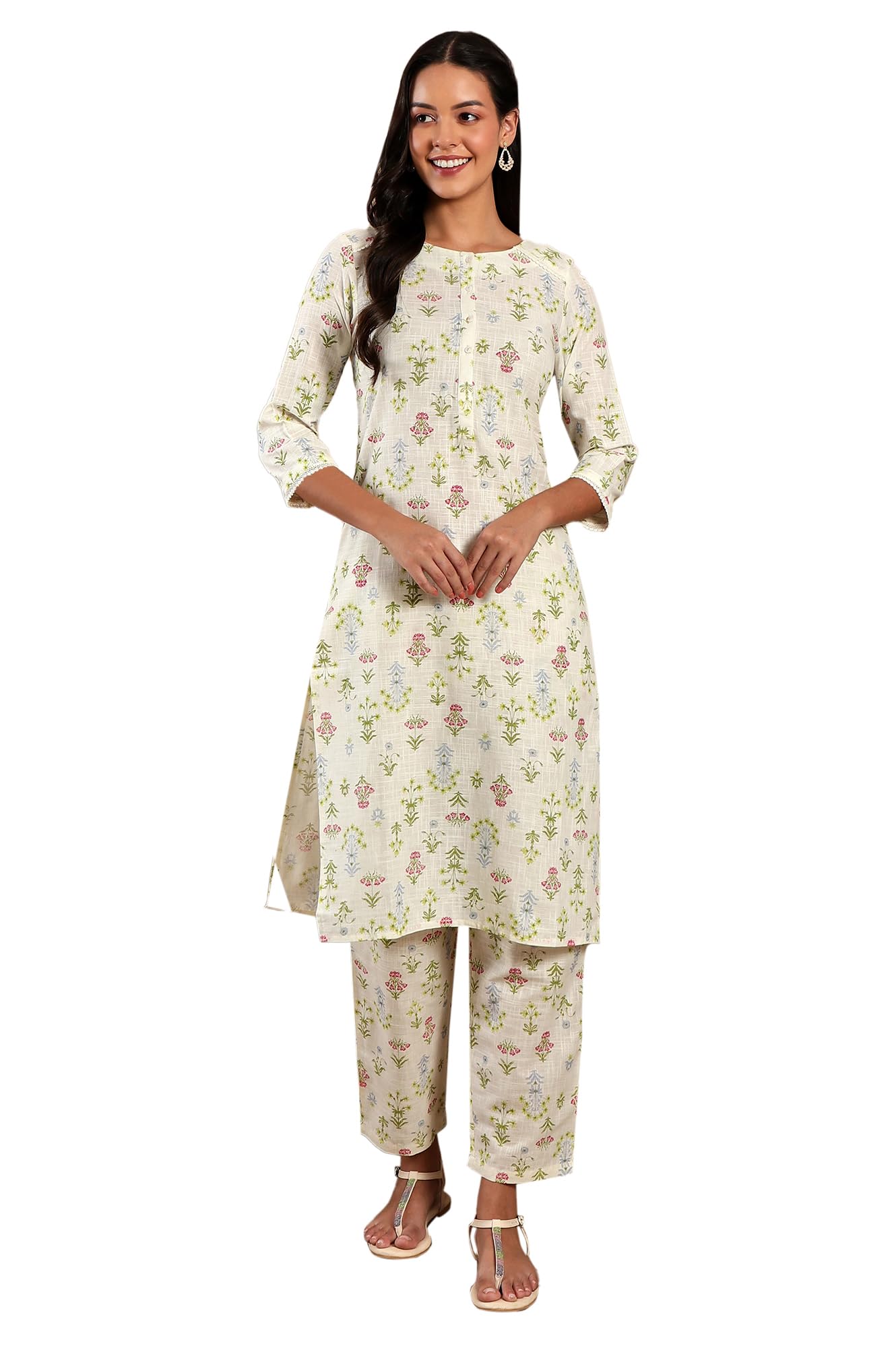 W Ecru Floral Printed Lace Cotton Kurta and Pant Set for Women