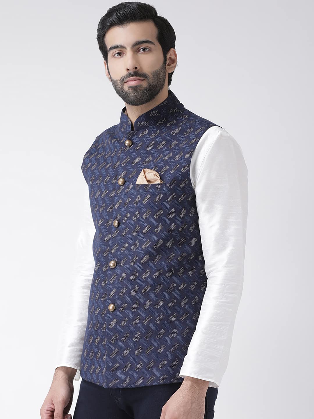 Kisah Men Navy Blue Printed Nehru Jacket Ethnic Festive Waistcoat Cotton, Regular Fit