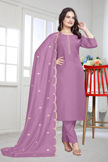 Satpurush WomenS Lavender Cotton Silk Round Neck 3/4Th Sleeve Floral Embroidery Straight Kurta Salwar Suit Set With Pant(Bvm-15
