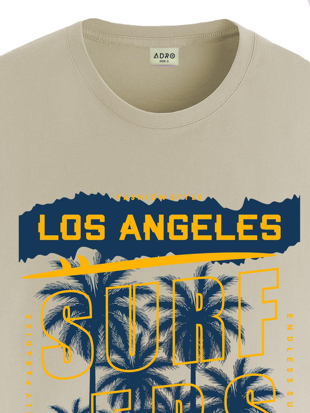 ADRO LA Surfers California Printed T-Shirt for Men - 100% Cotton, Regular Fit, Soft Breathable Fabric. (RN23-M-SRF-BE_Beige)