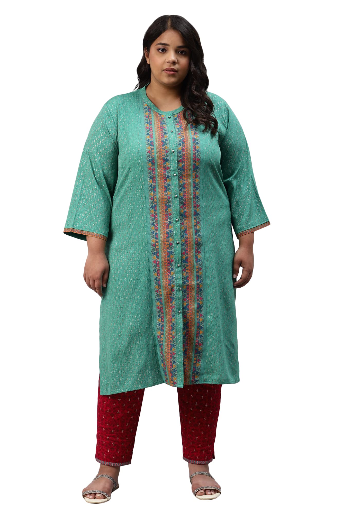 W for Woman Pop Green Printed Festive Full Placket Plus Size Kurta