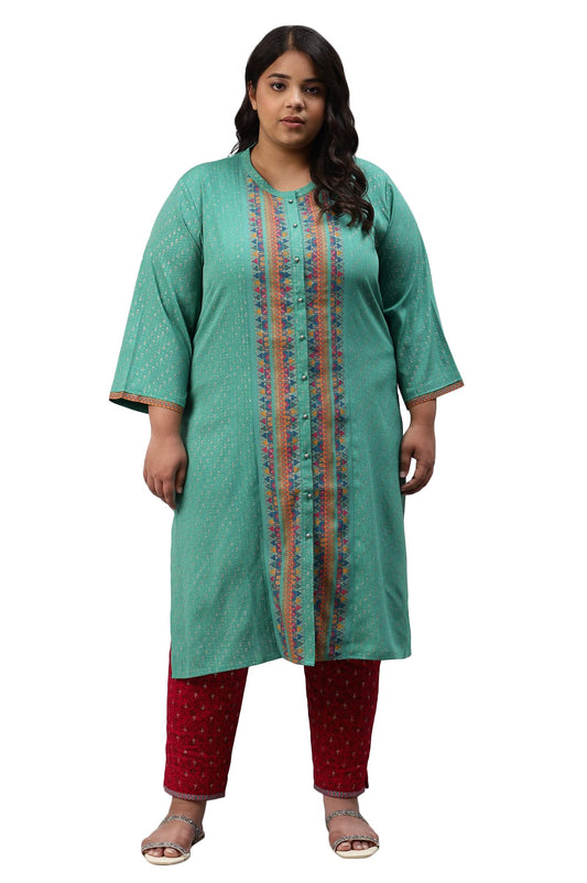 W for Woman Pop Green Printed Festive Full Placket Plus Size Kurta