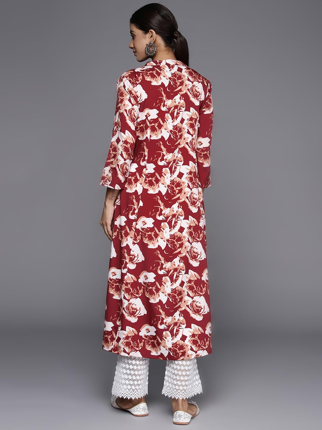 Varanga Maroon Floral Printed Mandarin Collar With Slit, Three Quarter Sleeves A-Line Kurta With Side Slits