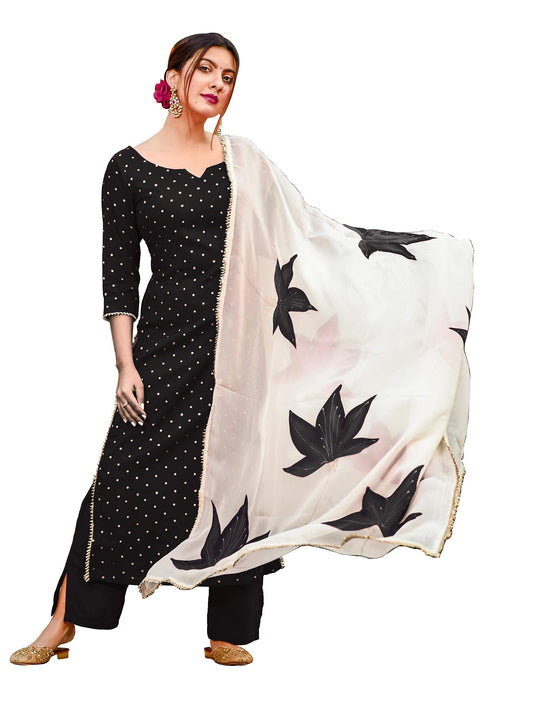 ANNI DESIGNER Womens Rayon Straight Rayon Straight Kurta, Palazzos and Dupatta Set (Rayon Black_XXL_Black_XX-Large)