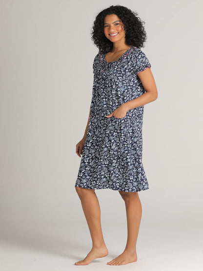 Evolove WomenS Viscose Liva Knee Length Short Night Gown Nighty Dress With Pocket, Super Soft Comfortable (Navy Blue, Sngry3025
