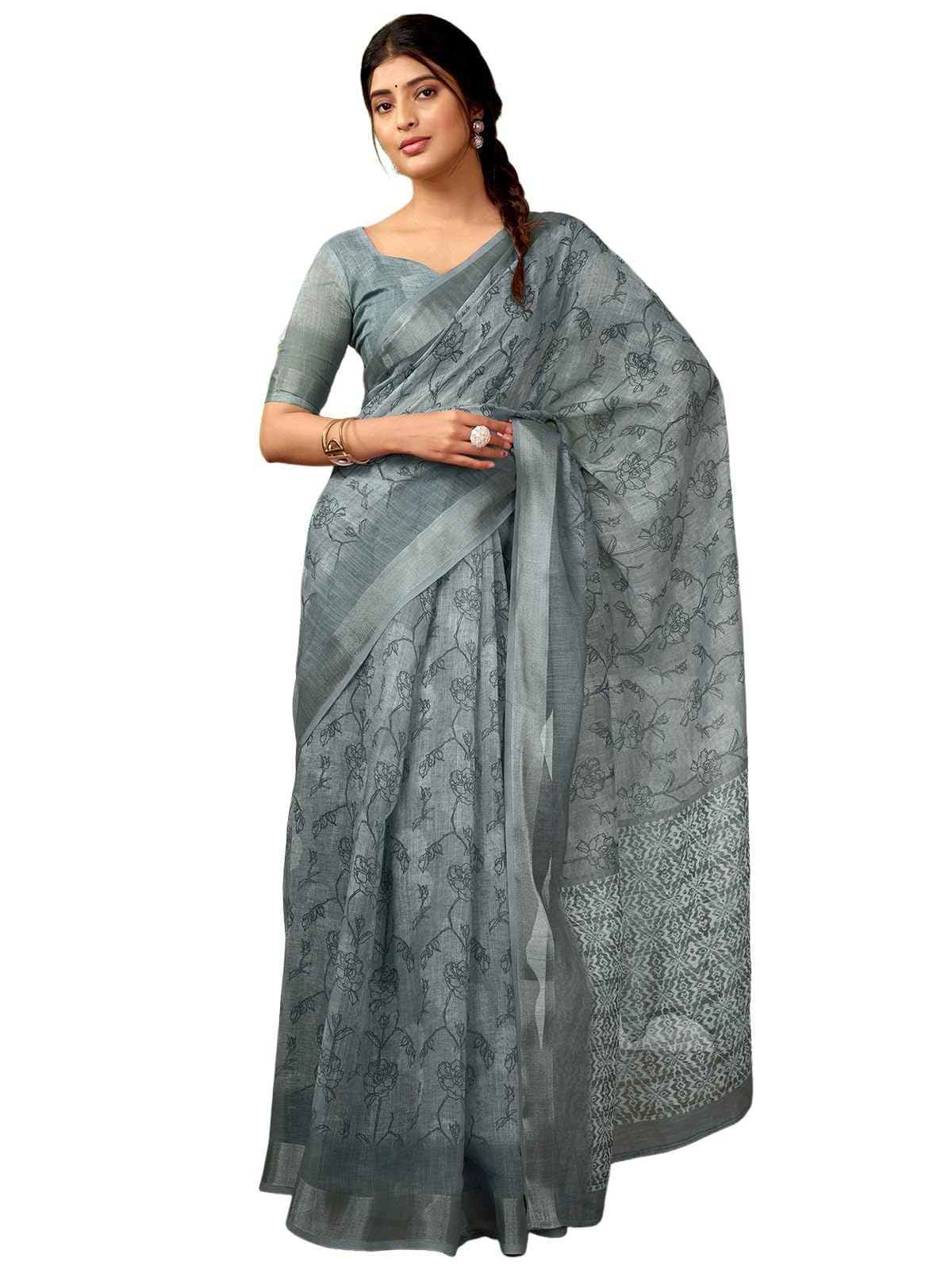 Satrani Womens Linen Printed & Zari Border Ready To Wear One Minute Pre Pleated Readymade Saree with Unstitched Blouse Piece (3