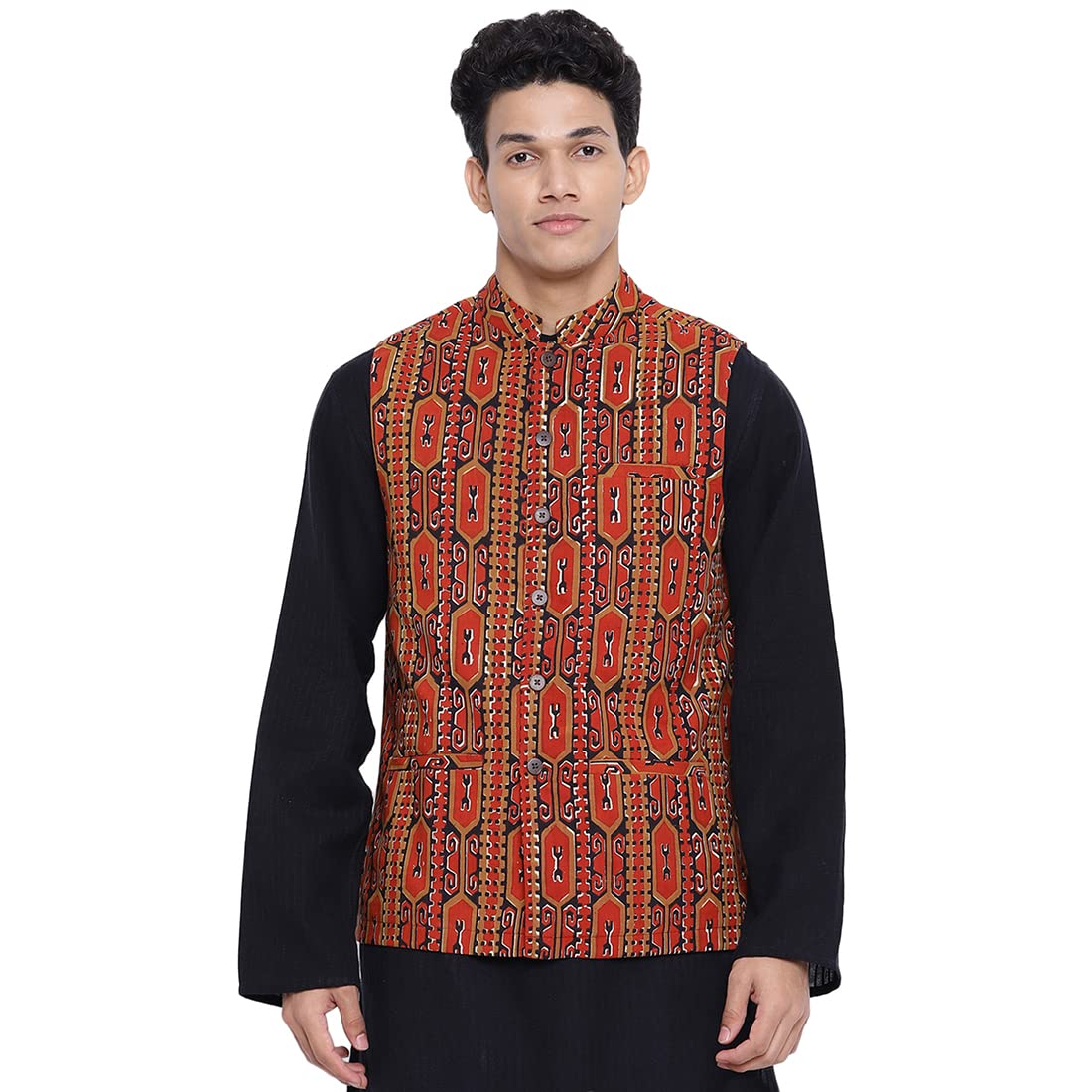 Fabindia Men Cotton Printed Nehru Jacket Red_S