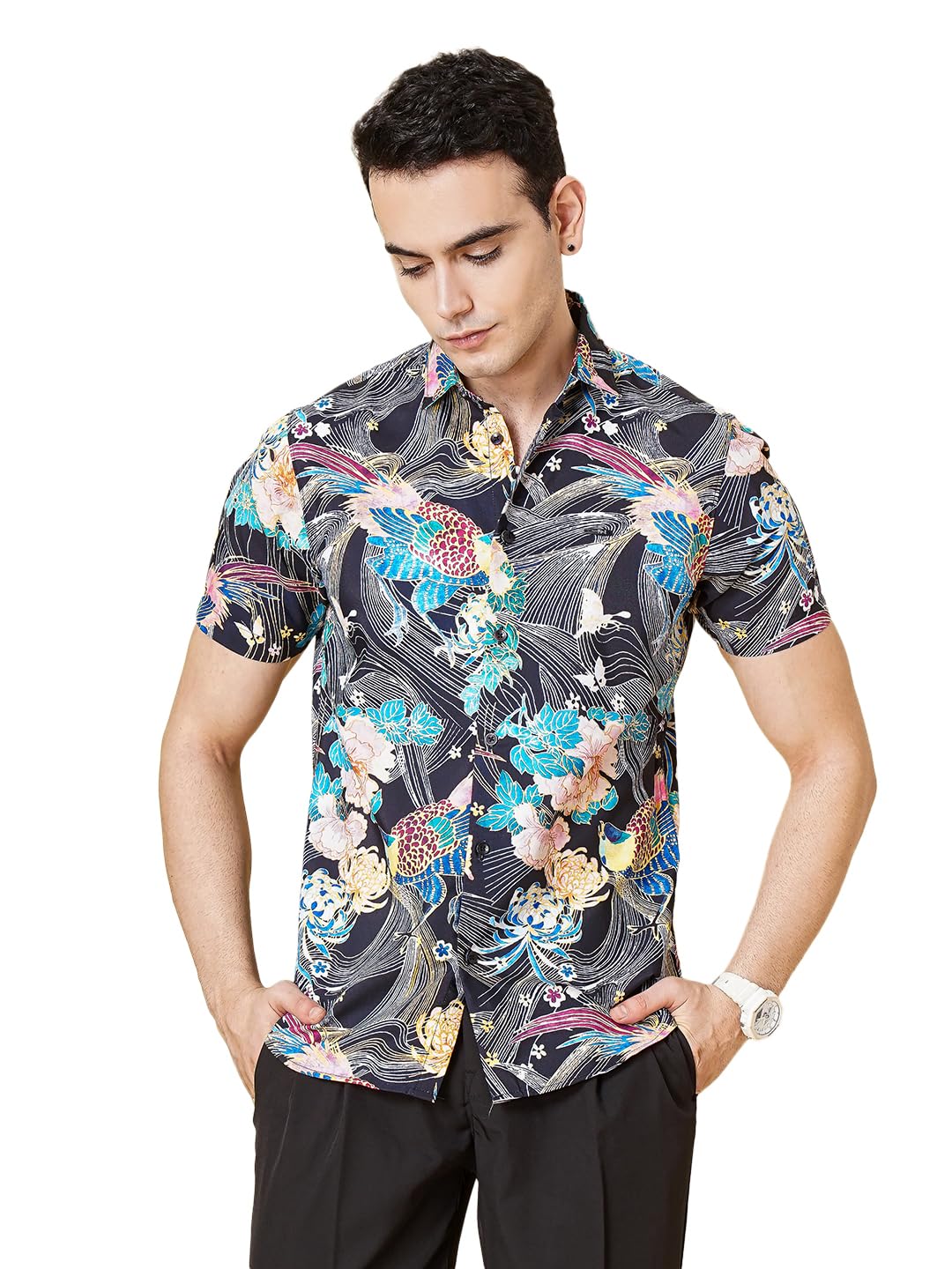 The Indian Garage Co Blue Regular Fit Spread Collar Floral Print Short Sleeves Shirt