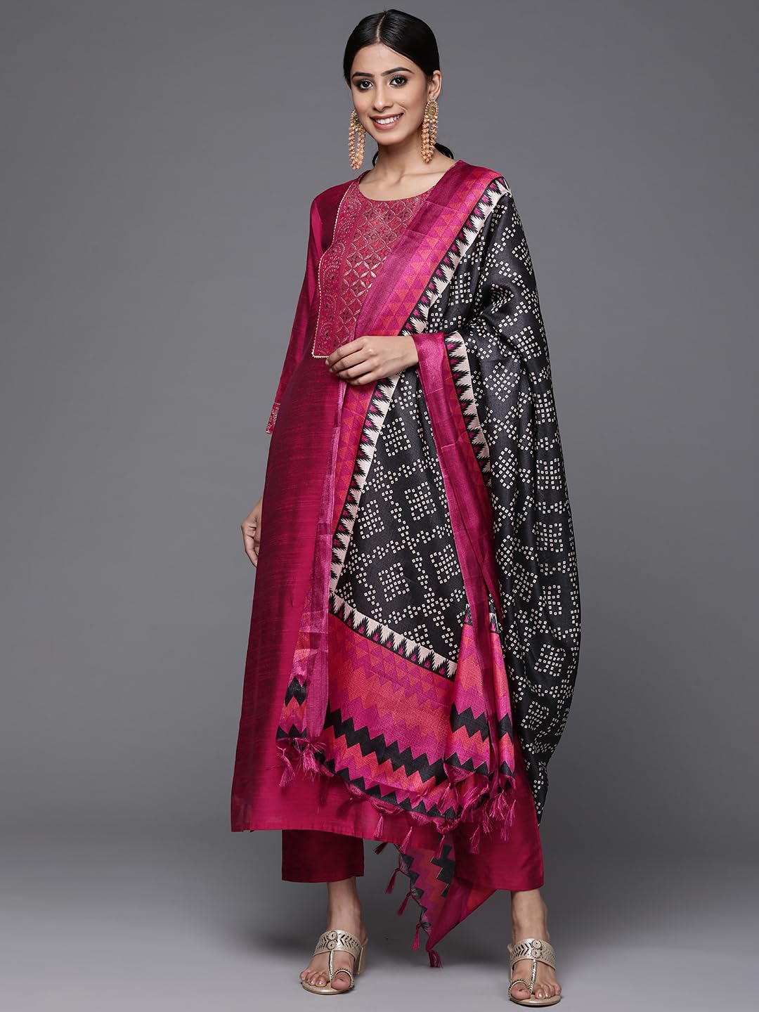 Varanga Magenta Silk Kurta Set For Women  Elegant Woven Yoke, Gota Embellishment, Elasticated Trouser, Side Slits  Stylish & Com