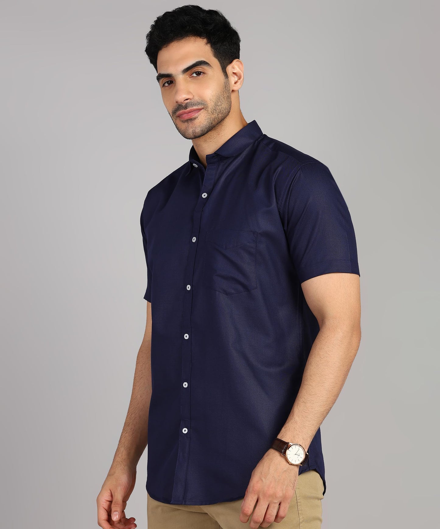 Mildin MenS Regular Cotton Blend Dark Blue Slim Fit Solid Button Down Spread Collar Half Sleeve Curved Hemline Formal Shirt Wit