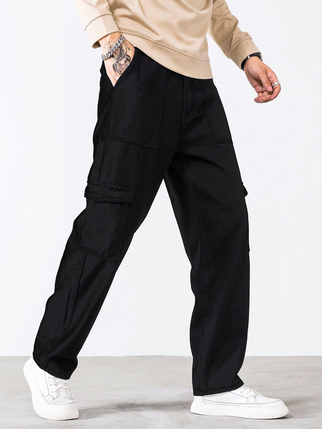 AVANOVA Black Bell-Bottom Men Cargo Jeans II Men Cargo Pants II Denim Cargo for Men II Cotton Pant II Wide Legs II Flap Pockets