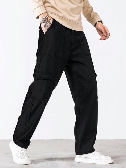 AVANOVA Black Bell-Bottom Men Cargo Jeans II Men Cargo Pants II Denim Cargo for Men II Cotton Pant II Wide Legs II Flap Pockets