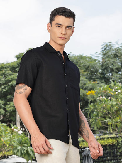 Thomas Scott Mens | Solid | Premium Irish Linen | Half Sleeve | Spread Collar | Casual | Shirt for Men Black