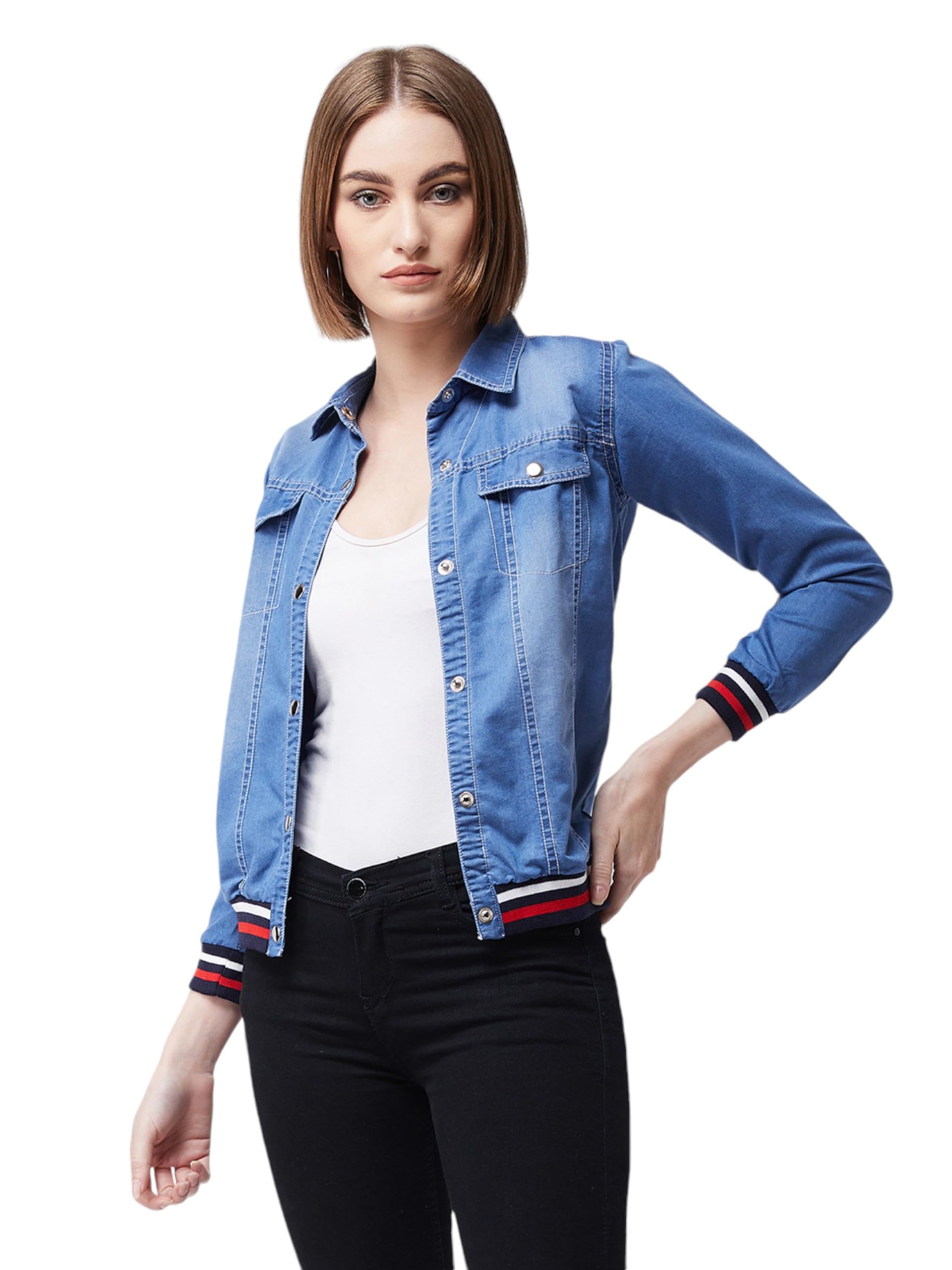 Miss Chase Womens Polo Neck Full Sleeves Denim Bomber Jacket (MCAW19DEN05-56-205-03, Azure Blue, S)